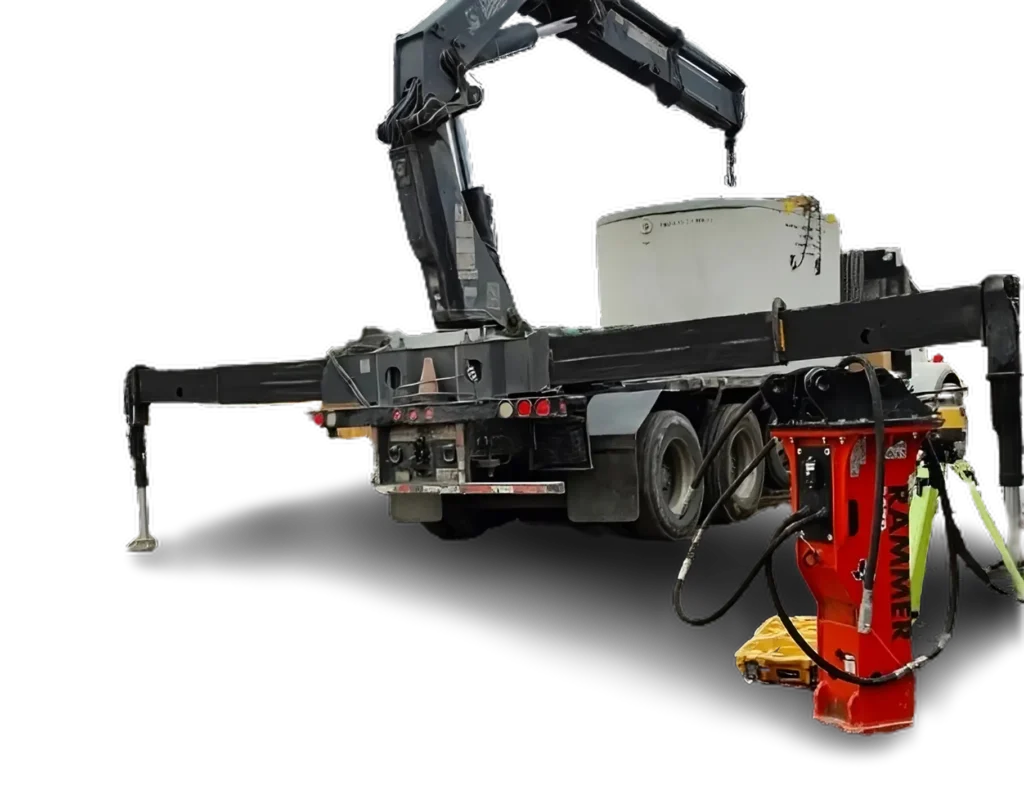 FJR septic installers crane truck to set an septic tank in San Antonio Texas