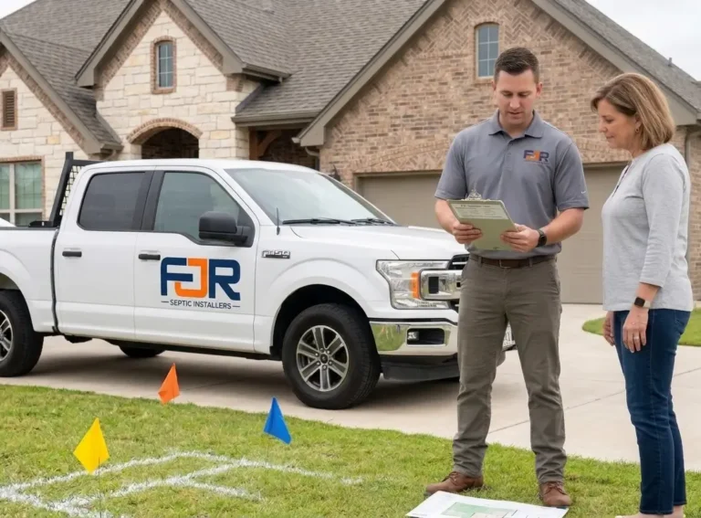 FJR Septic Installers technician and homeowner discussing a septic system layout in a marked front yard next to a white FJR work truck.